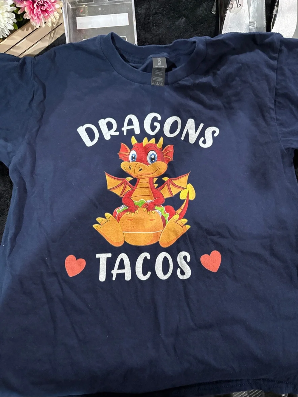Gildan Navy Kids Tee with Red & Yellow Dragon Taco Graphic